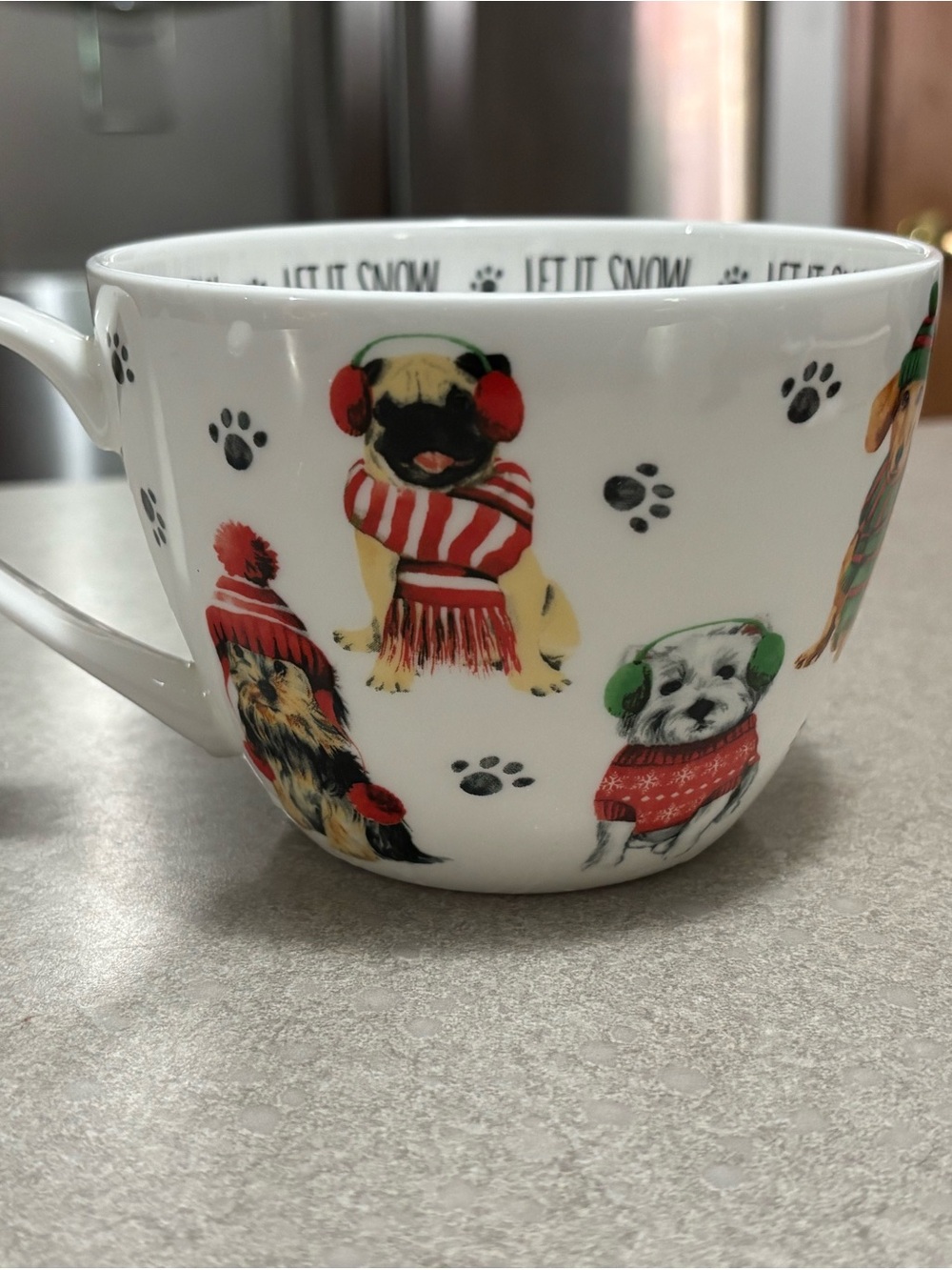 Festive Dog Ceramic Mug in White with Red & Green Accents